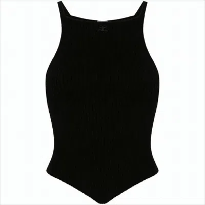 Courrèges Fitted Ribbed Sleeveless Top With High Neckline In Black