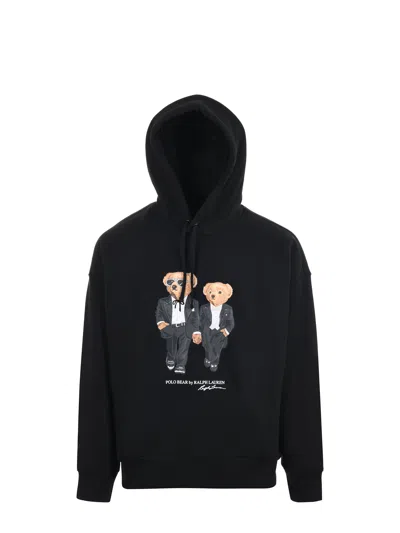 Polo Ralph Lauren Hooded Sweatshirt Featuring Bear Graphic And Ribbed Cuffs In Black