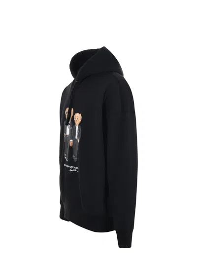 Polo Ralph Lauren Hooded Sweatshirt Featuring Bear Graphic And Ribbed Cuffs In Black