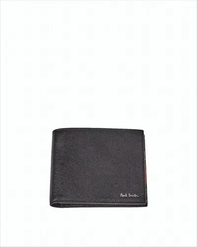 Paul Smith Textured Calf Leather Bifold Wallet With Multicolor Stripes In Black