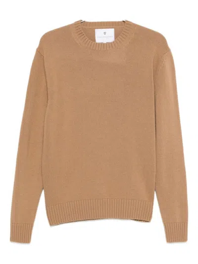 Seven Gauge Camel-colored Crew Neck Sweater With Ribbed Cuffs And Hem In Brown