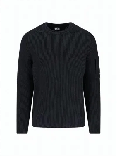 C.p. Company Ribbed Knit Sweater With Patch Pocket And Logo Detail In Black