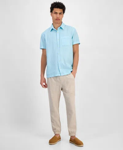 Sun + Stone Men's Blake Linen Chambray Short Sleeve Button-front Shirt, Created For Macy's In Blue