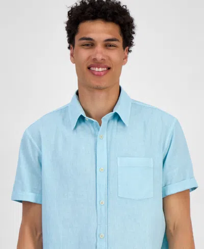 Sun + Stone Men's Blake Linen Chambray Short Sleeve Button-front Shirt, Created For Macy's In Blue
