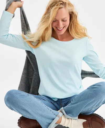 Style & Co Petite Scoop-neck Long-sleeve Cotton Top, Created For Macy's In Blue
