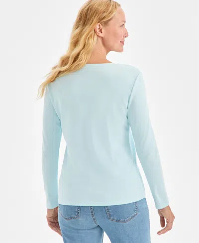 Style & Co Petite Scoop-neck Long-sleeve Cotton Top, Created For Macy's In Blue