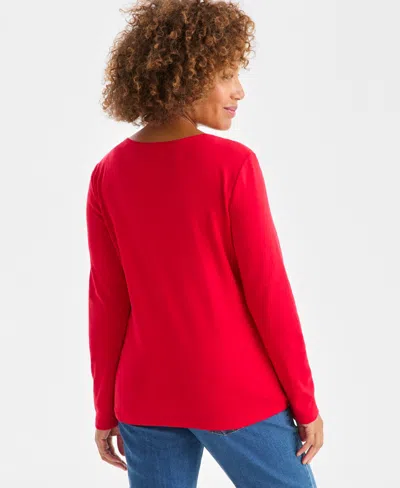 Style & Co Petite Scoop-neck Long-sleeve Cotton Top, Created For Macy's In Red