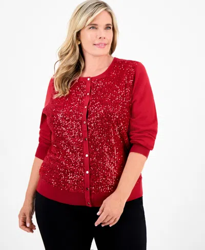 Jm Collection Plus Size Sequin Embellished Button-front Cardigan, Macy's Exclusive In Red