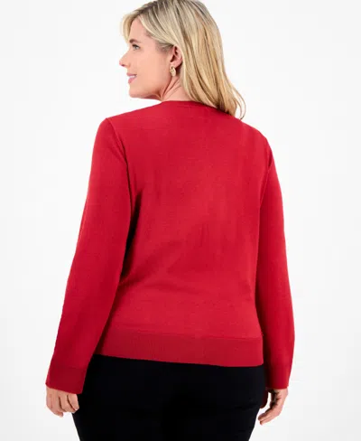Jm Collection Plus Size Sequin Embellished Button-front Cardigan, Macy's Exclusive In Red
