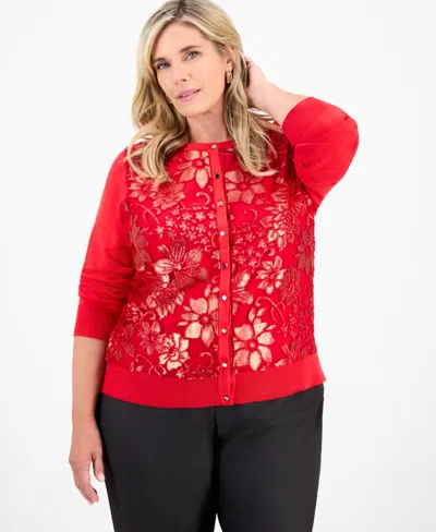 Jm Collection Plus Size Metallic Jacquard Button-front Cardigan, Macy's Exclusive In Red
