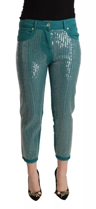 Pre-owned Blumarine Cadet Sequined Low Waist Cropped Trouser Women's Pants () In Blue