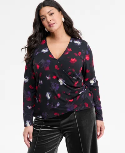 Inc International Concepts Plus Size Printed Surplice-neck Top, Macy's Exclusive In Blue