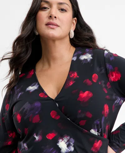 Inc International Concepts Plus Size Printed Surplice-neck Top, Macy's Exclusive In Blue
