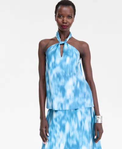 Inc International Concepts Women's Printed Satin Knotted Halter Top, Macy's Exclusive In Blue