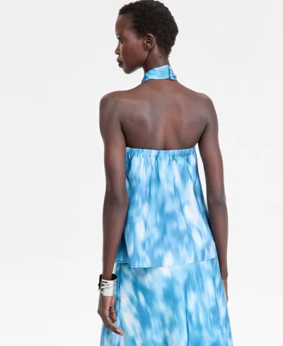 Inc International Concepts Women's Printed Satin Knotted Halter Top, Macy's Exclusive In Blue