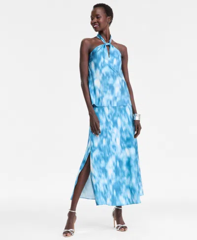 Inc International Concepts Women's Printed Satin Knotted Halter Top, Macy's Exclusive In Blue