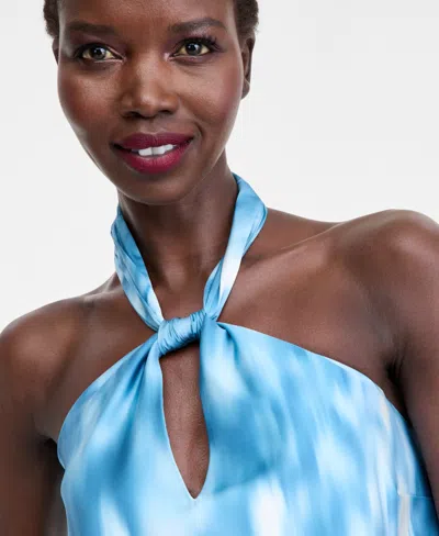 Inc International Concepts Women's Printed Satin Knotted Halter Top, Macy's Exclusive In Blue