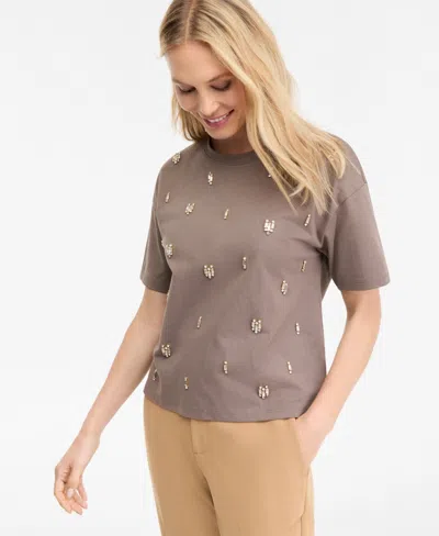 Inc International Concepts Women's Cotton Embellished Tee, Macy's Exclusive In Brown
