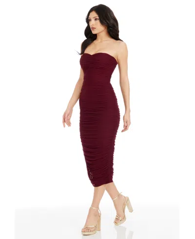 Dress The Population Women's Red Heather Burgundy Strapless Ruched Midi Dress In Brown