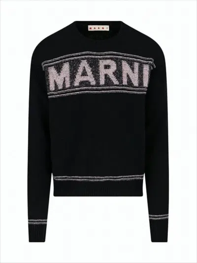 Marni Textured Logo Black Wool Sweater With Cropped Fit In Black