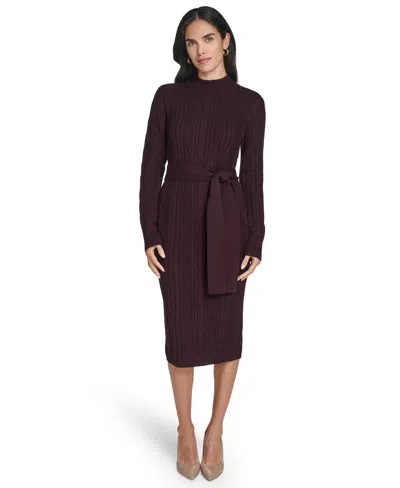 Jessica Howard Women's Long Sleeve Mock Neck Belted Midi Sweater Dress In Brown