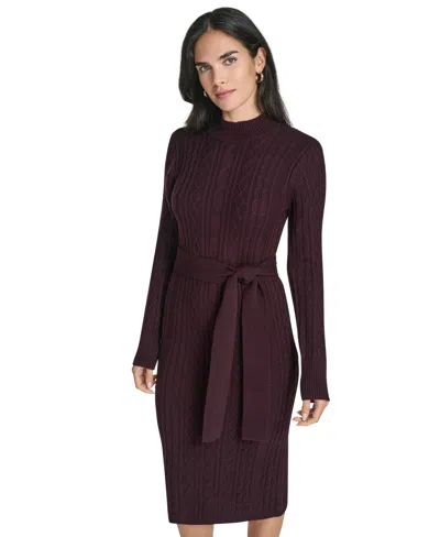 Jessica Howard Women's Long Sleeve Mock Neck Belted Midi Sweater Dress In Brown