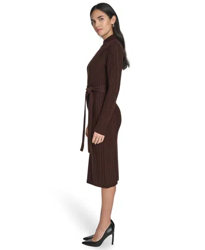 Jessica Howard Women's Long Sleeve Mock Neck Belted Midi Sweater Dress In Brown