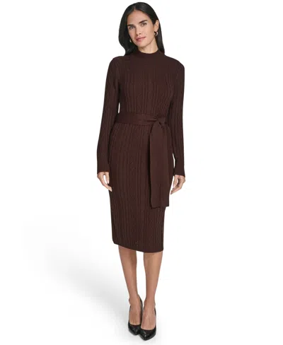 Jessica Howard Women's Long Sleeve Mock Neck Belted Midi Sweater Dress In Brown