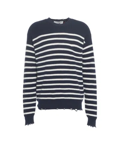 Amaranto Striped Wool Sweater With Fringed Hem And Cuffs In Blue