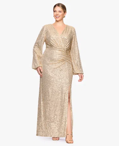 Betsy & Adam Plus Size Sequin V-neck Long Bell Sleeves Dress In Gold