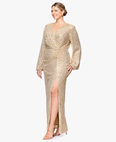 Betsy & Adam Plus Size Sequin V-neck Long Bell Sleeves Dress In Gold