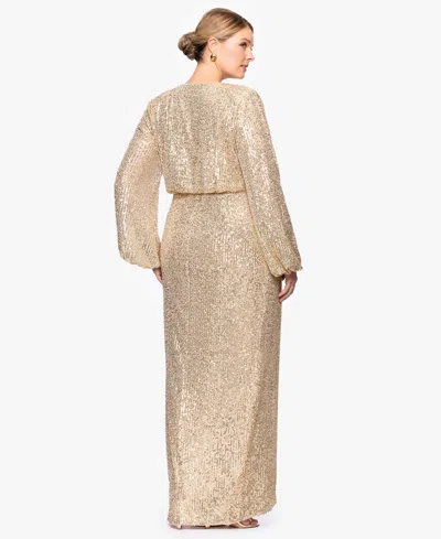 Betsy & Adam Plus Size Sequin V-neck Long Bell Sleeves Dress In Gold