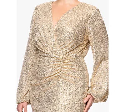 Betsy & Adam Plus Size Sequin V-neck Long Bell Sleeves Dress In Gold