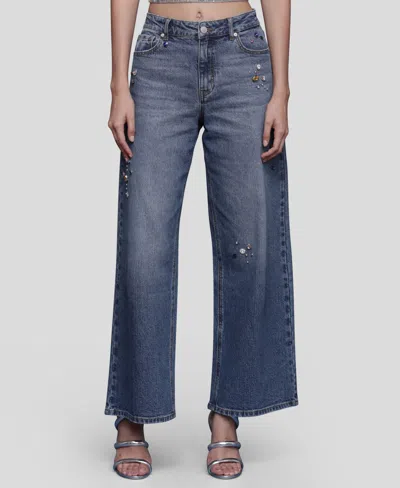 Avec Les Filles Bejweled High Waist Wide Leg Jeans In Blue