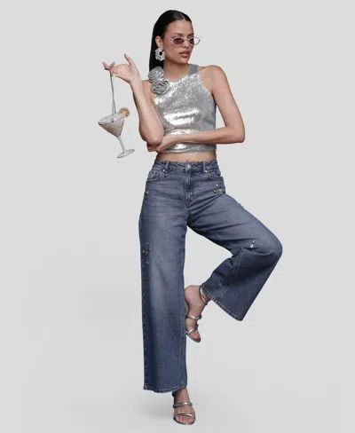 Avec Les Filles Bejweled High Waist Wide Leg Jeans In Blue