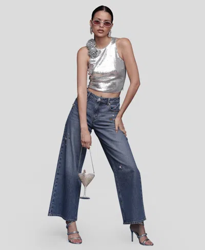 Avec Les Filles Bejweled High Waist Wide Leg Jeans In Blue