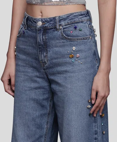 Avec Les Filles Bejweled High Waist Wide Leg Jeans In Blue