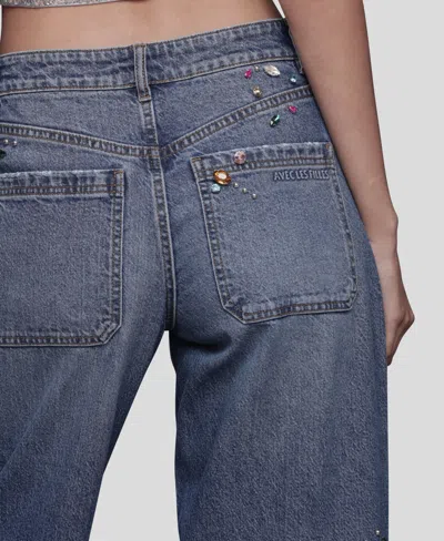 Avec Les Filles Bejweled High Waist Wide Leg Jeans In Blue