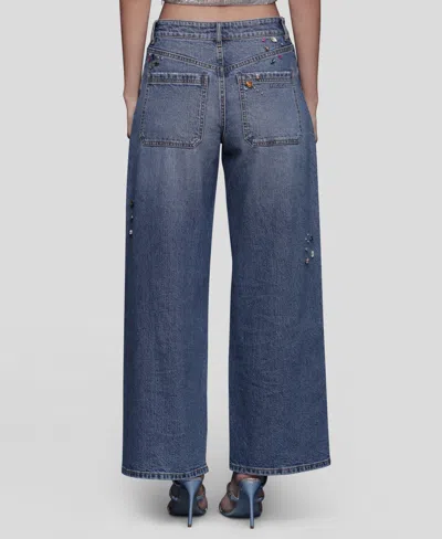 Avec Les Filles Bejweled High Waist Wide Leg Jeans In Blue