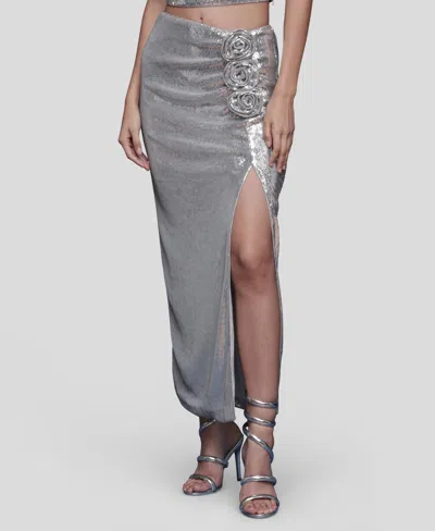 Avec Les Filles Metallic Rosette Detail Ruched Maxi Skirt In Gray