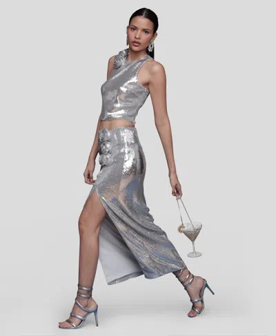 Avec Les Filles Metallic Rosette Detail Ruched Maxi Skirt In Gray