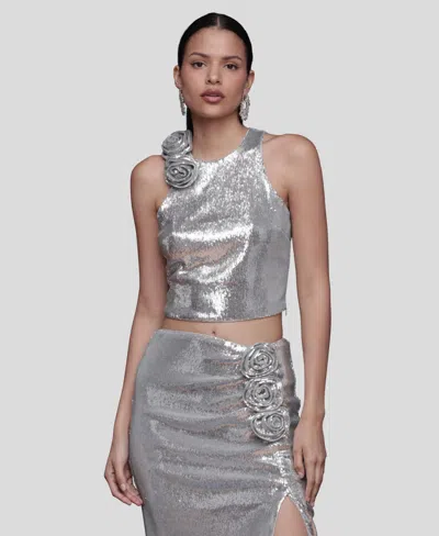 Avec Les Filles Rose Applique Halter Top In Silver