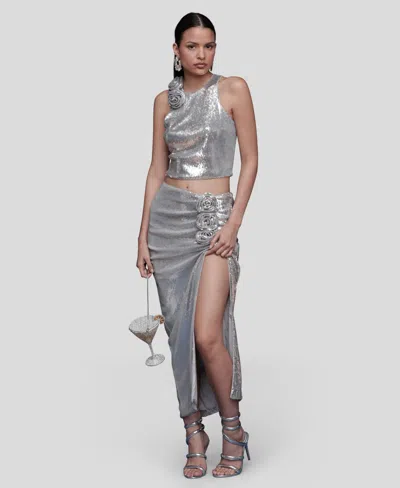 Avec Les Filles Metallic Rosette Detail Ruched Maxi Skirt In Gray