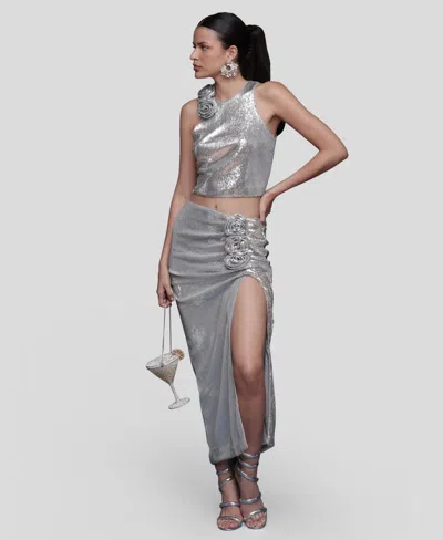 Avec Les Filles Rose Applique Halter Top In Silver