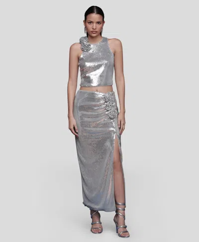 Avec Les Filles Metallic Rosette Detail Ruched Maxi Skirt In Gray