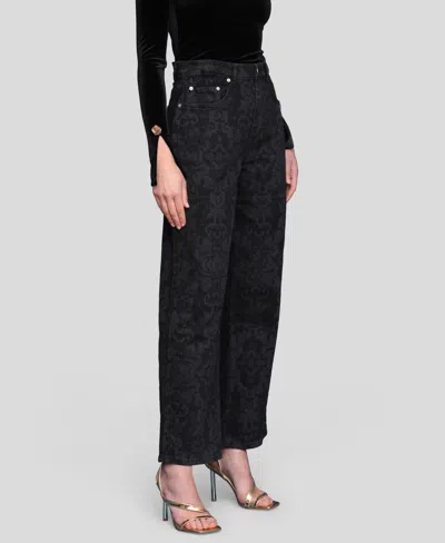 Avec Les Filles Printed Cinch High Waist Wide Leg Jeans In Black