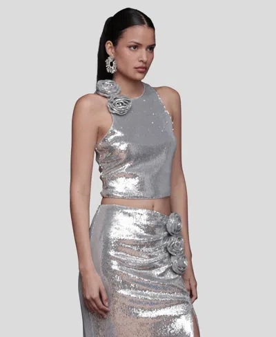 Avec Les Filles Rose Applique Halter Top In Silver