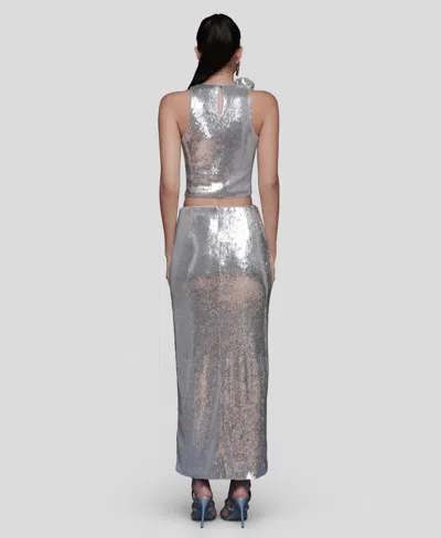 Avec Les Filles Metallic Rosette Detail Ruched Maxi Skirt In Gray