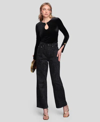 Avec Les Filles Printed Cinch High Waist Wide Leg Jeans In Black