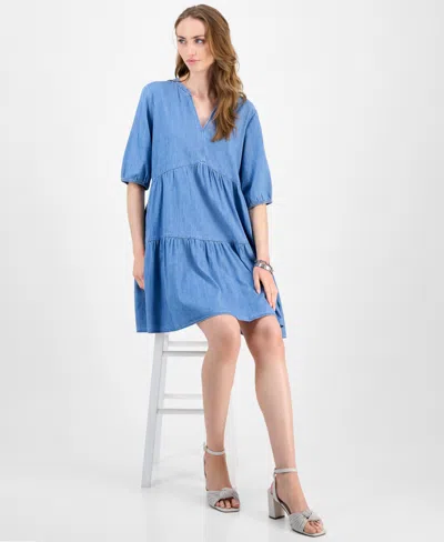Tommy Hilfiger Women's V-neck Tiered Chambray Dress In Gray